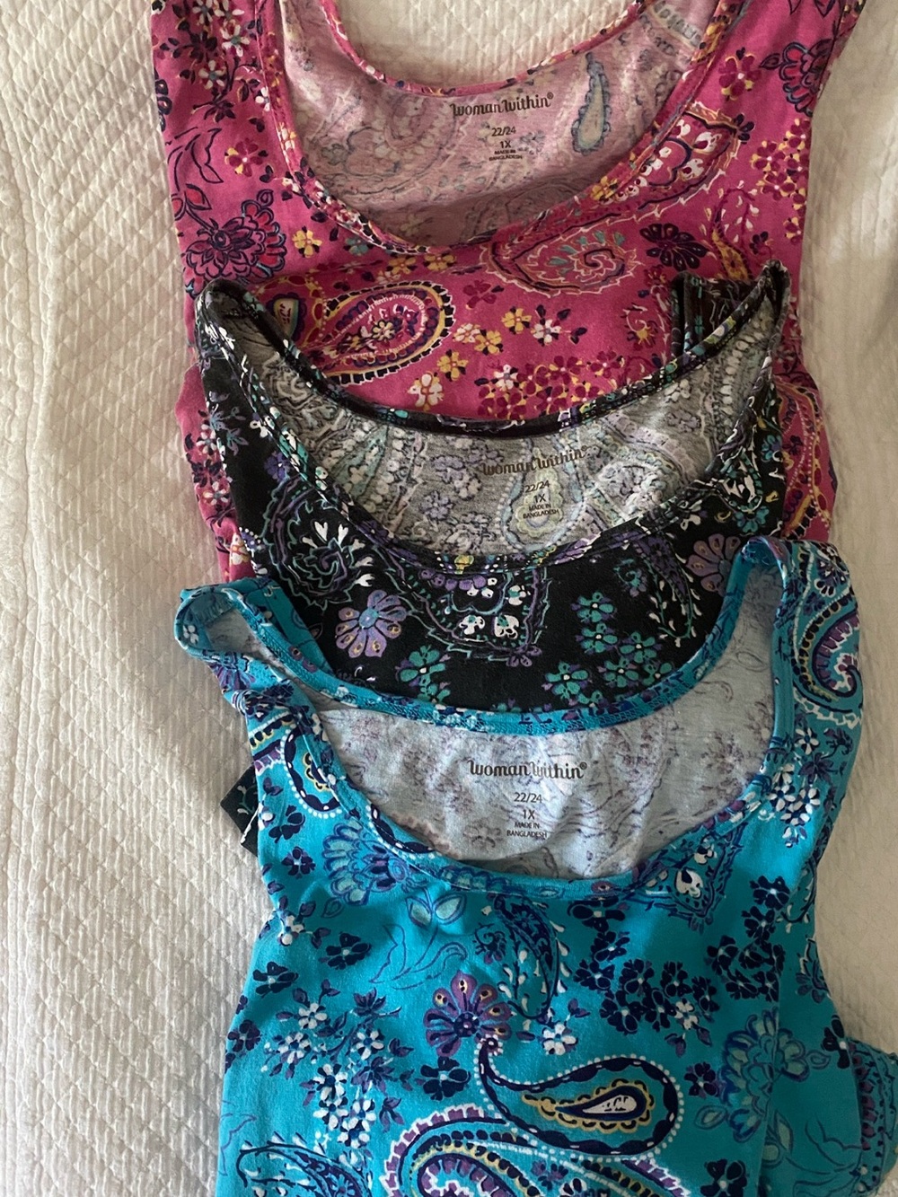 Woman Within Paisley Tank Tops in Pink, Black & Teal - 3-Pack